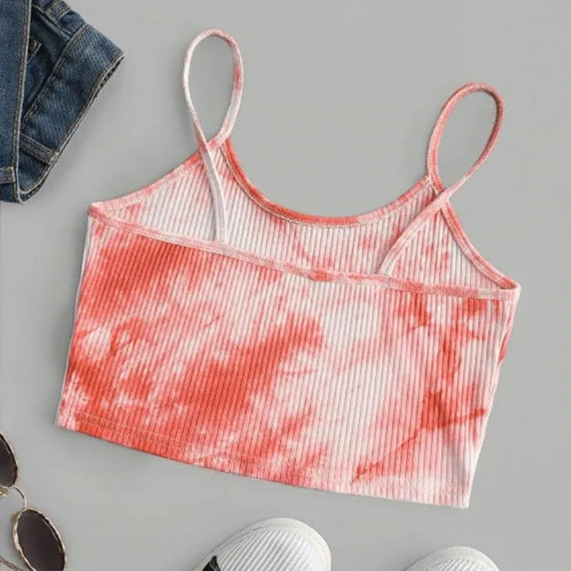 Wjczt Summer Sexy Camis Top Women Sleeveless Tie-Dye Print Short Slim Crop Tank Top Harajuku Ribbed Knit Spaghetti Strap Sling Vest