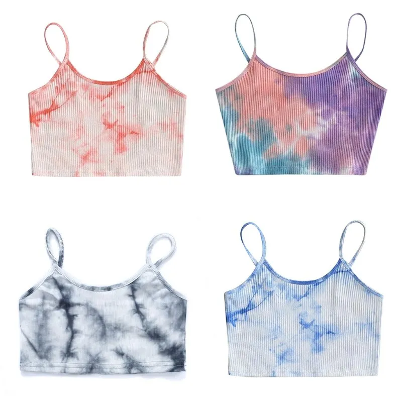 Wjczt Summer Sexy Camis Top Women Sleeveless Tie-Dye Print Short Slim Crop Tank Top Harajuku Ribbed Knit Spaghetti Strap Sling Vest