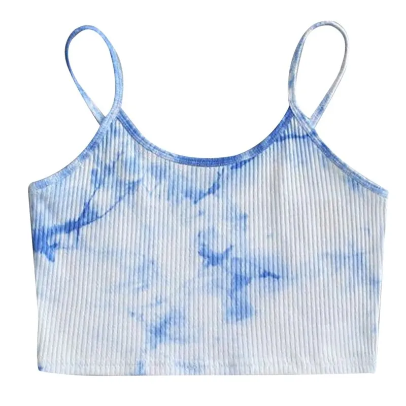 Wjczt Summer Sexy Camis Top Women Sleeveless Tie-Dye Print Short Slim Crop Tank Top Harajuku Ribbed Knit Spaghetti Strap Sling Vest