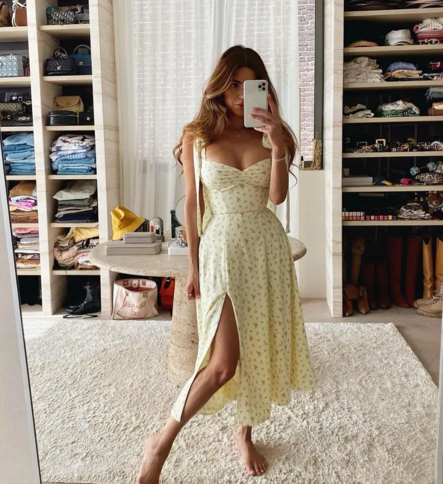 Wjczt Summer Spring Floral Dress Women's Sexy Casual Fashion Sundress Midi Slip Backless Pleated Slit White Yellow Lace-up Flowers