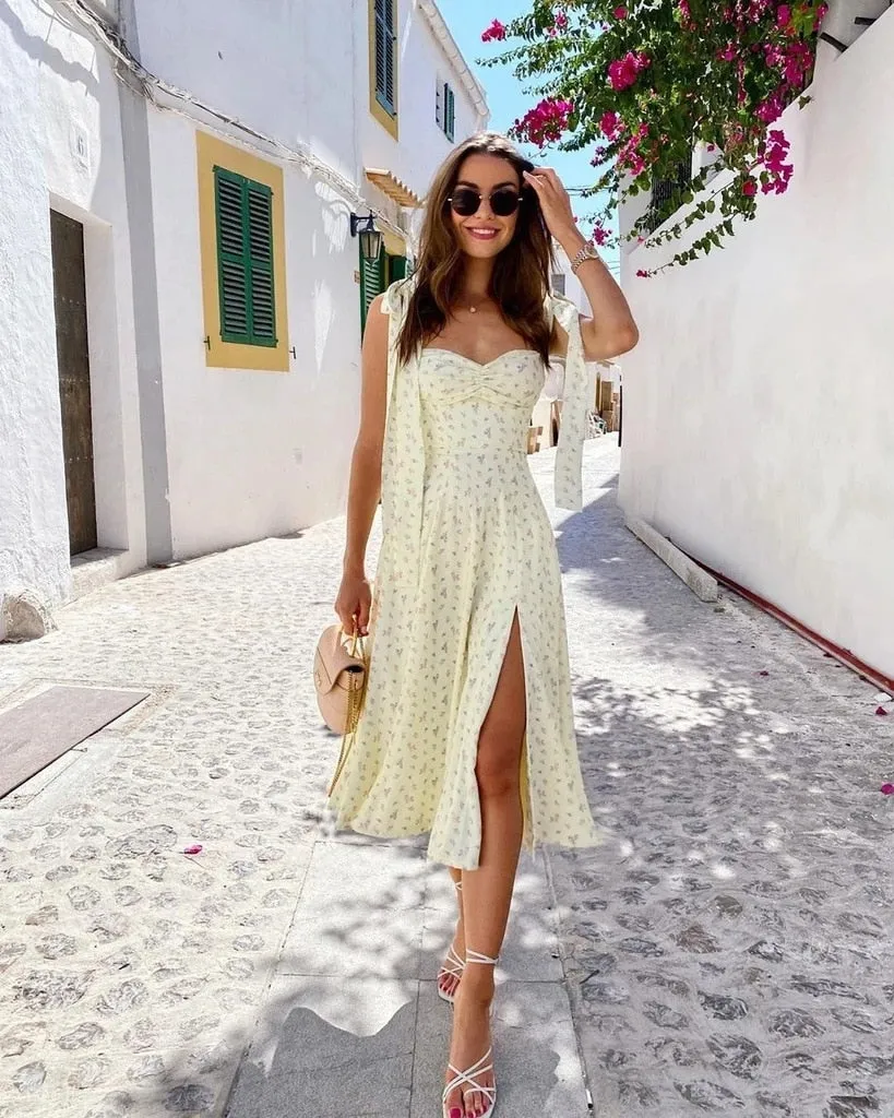 Wjczt Summer Spring Floral Dress Women's Sexy Casual Fashion Sundress Midi Slip Backless Pleated Slit White Yellow Lace-up Flowers