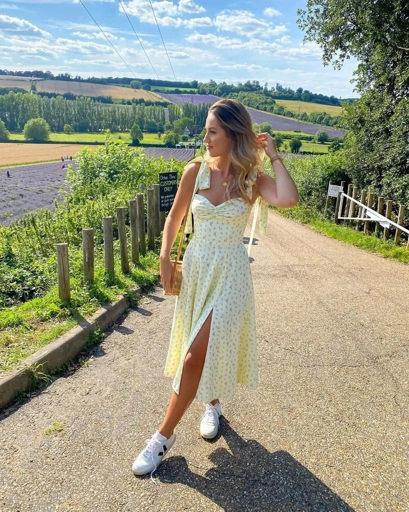 Wjczt Summer Spring Floral Dress Women's Sexy Casual Fashion Sundress Midi Slip Backless Pleated Slit White Yellow Lace-up Flowers