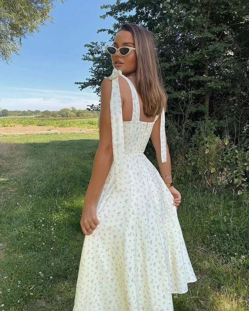 Wjczt Summer Spring Floral Dress Women's Sexy Casual Fashion Sundress Midi Slip Backless Pleated Slit White Yellow Lace-up Flowers