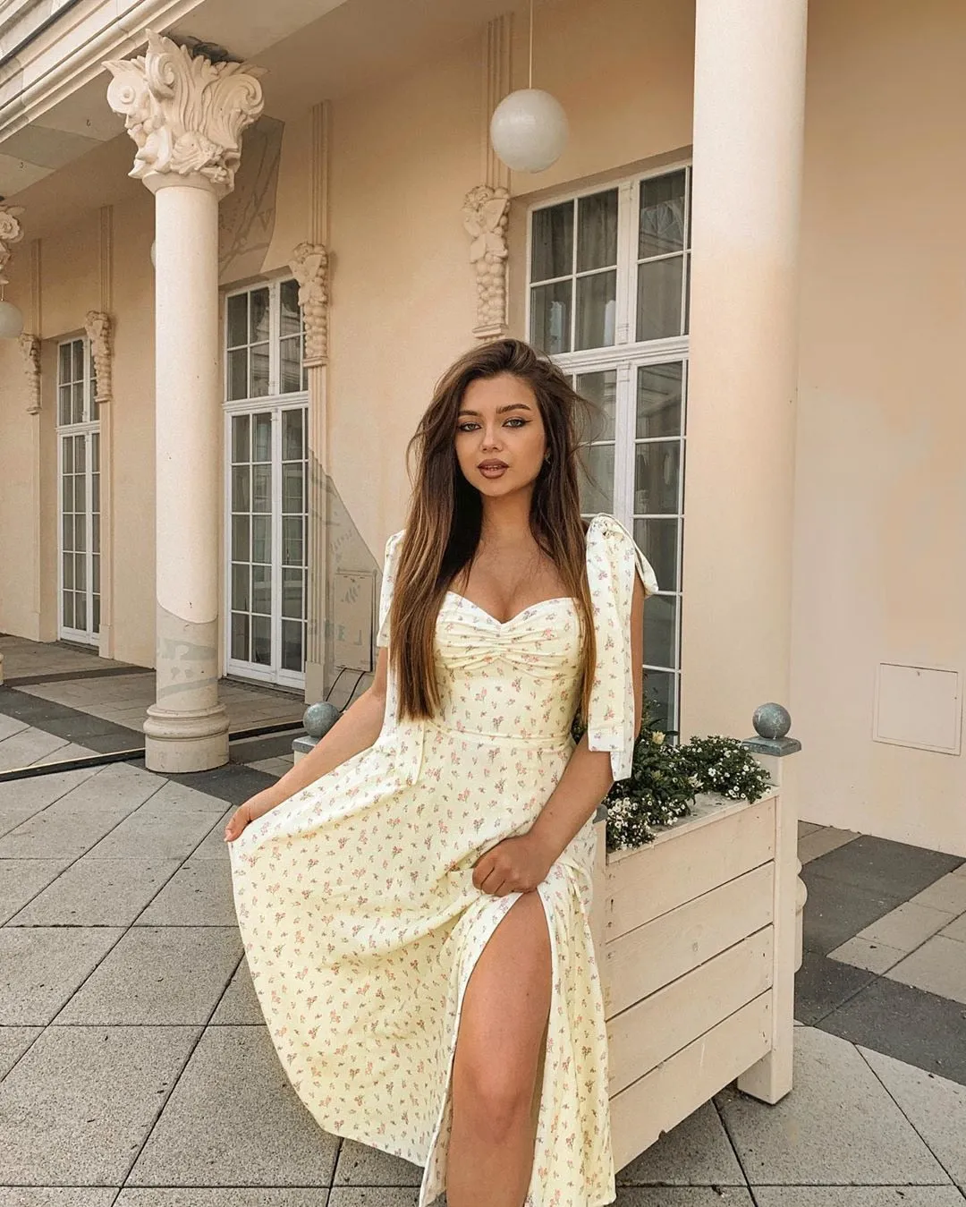 Wjczt Summer Spring Floral Dress Women's Sexy Casual Fashion Sundress Midi Slip Backless Pleated Slit White Yellow Lace-up Flowers