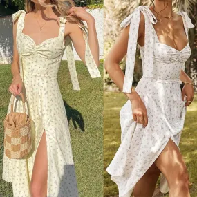 Wjczt Summer Spring Floral Dress Women's Sexy Casual Fashion Sundress Midi Slip Backless Pleated Slit White Yellow Lace-up Flowers