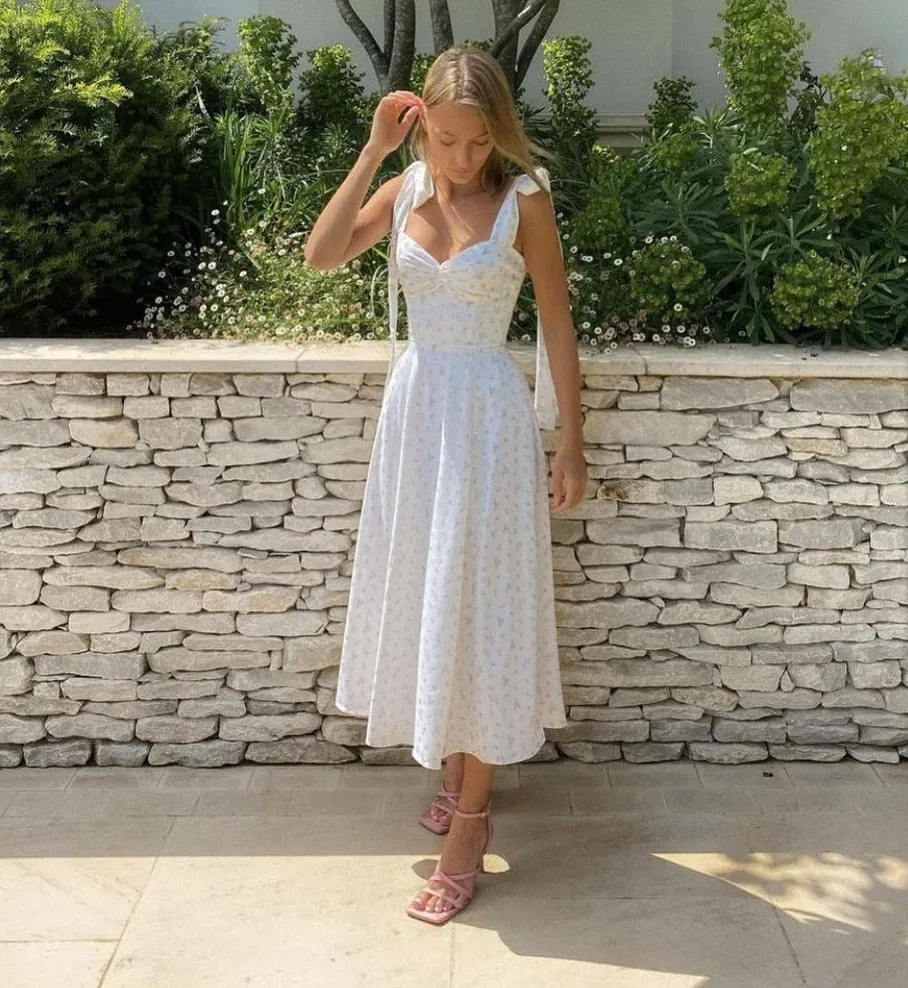 Wjczt Summer Spring Floral Dress Women's Sexy Casual Fashion Sundress Midi Slip Backless Pleated Slit White Yellow Lace-up Flowers