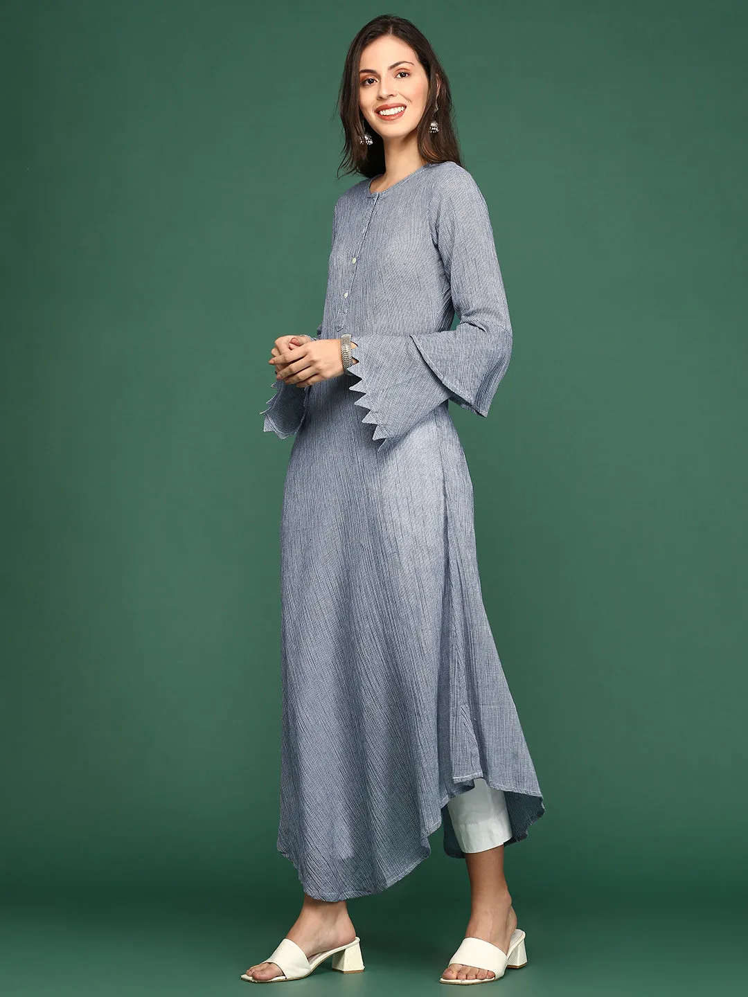 Women's Navy Blue Solid A-Line Kurta