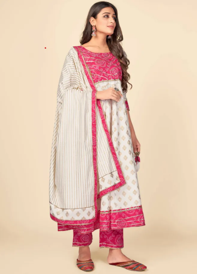 Women'S Pink & White Anarkali Kurta & Pant With Dupatta Set (3Pcs Set)