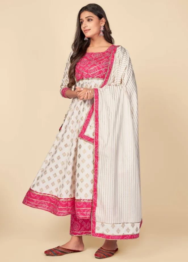 Women'S Pink & White Anarkali Kurta & Pant With Dupatta Set (3Pcs Set)