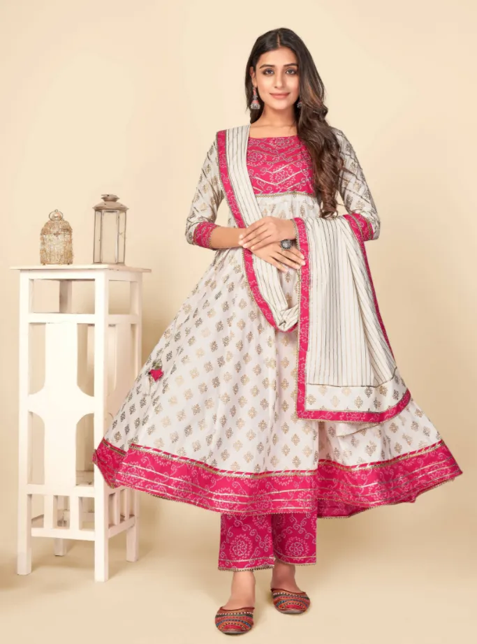 Women'S Pink & White Anarkali Kurta & Pant With Dupatta Set (3Pcs Set)