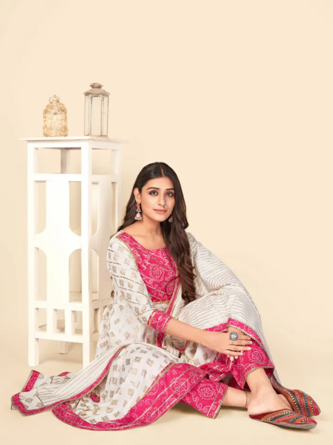 Women'S Pink & White Anarkali Kurta & Pant With Dupatta Set (3Pcs Set)