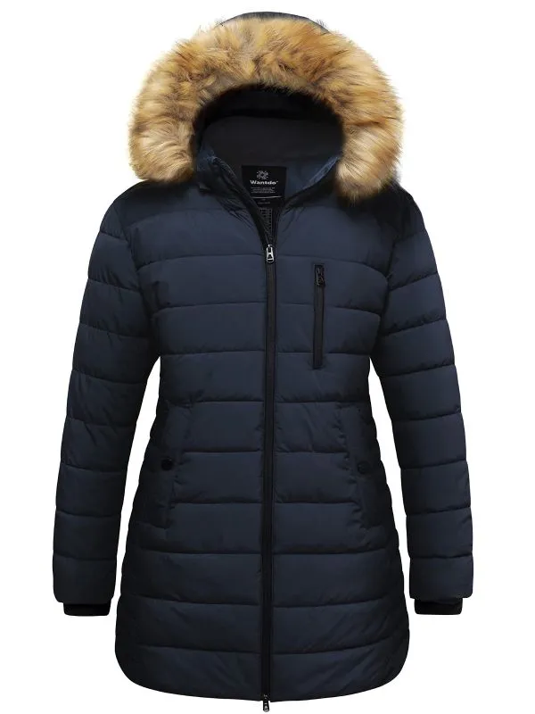 Women's Plus Size Puffer Coat Warm Winter Parka Jacket with Removable Fur Hood Recycled Polyester Fabric