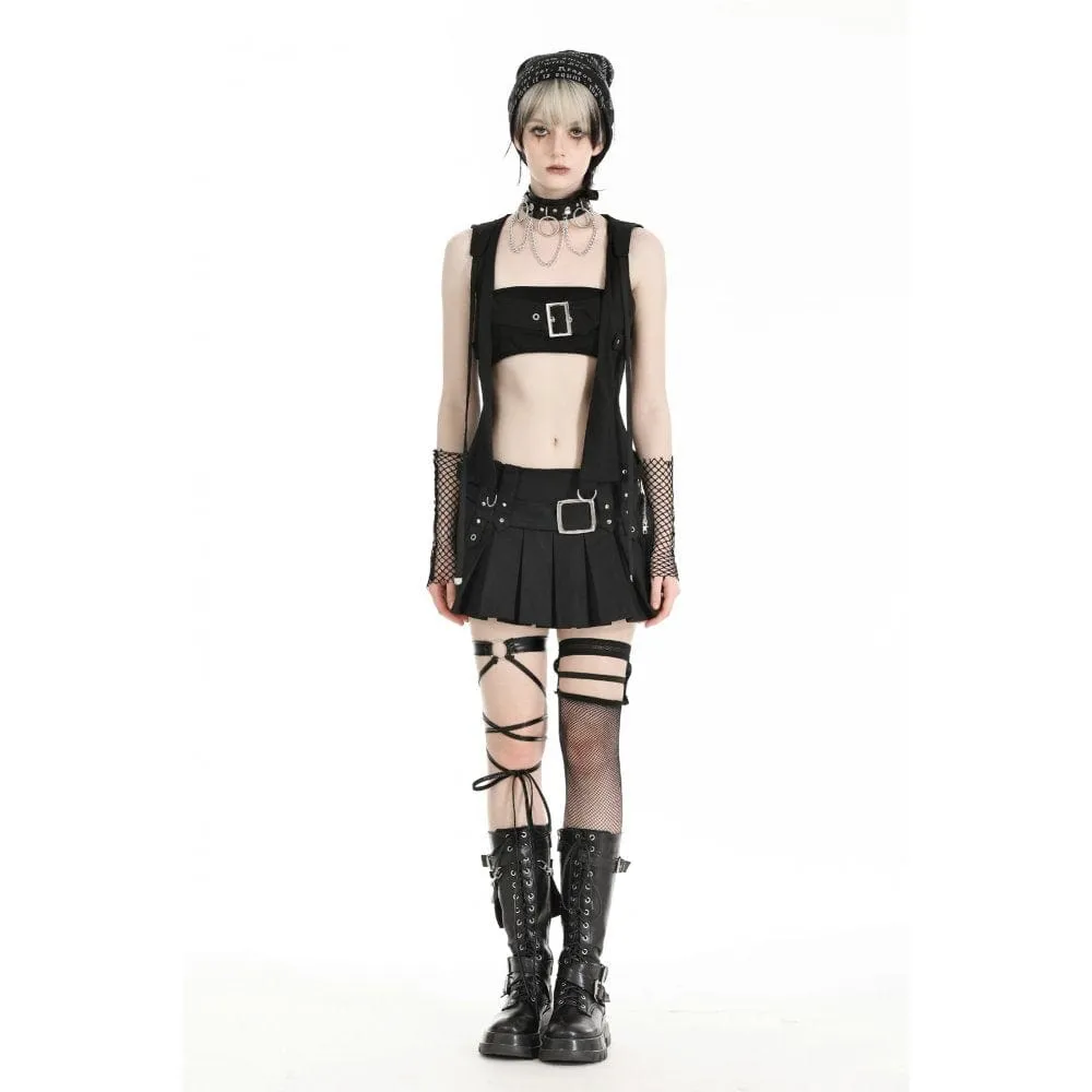 Women's Punk Buckle Strap Vest with Hood