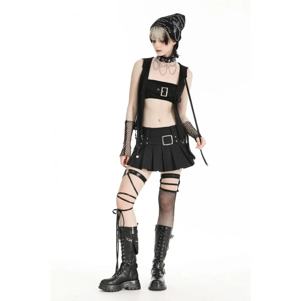 Women's Punk Buckle Strap Vest with Hood