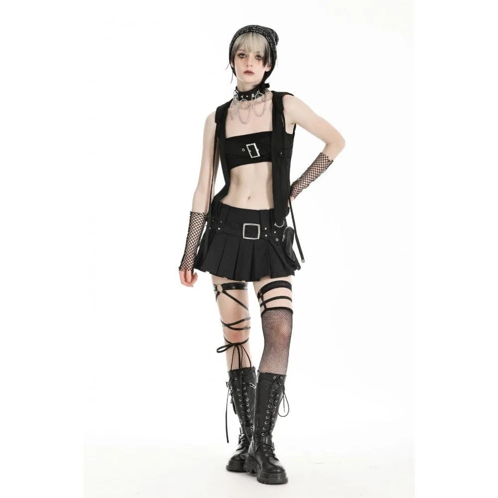 Women's Punk Buckle Strap Vest with Hood