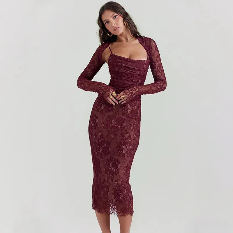 Women's Winter Fashion Lace Printed Back Strap Temperament Slip Dress Club Party Long Dress Elegant Vestidos