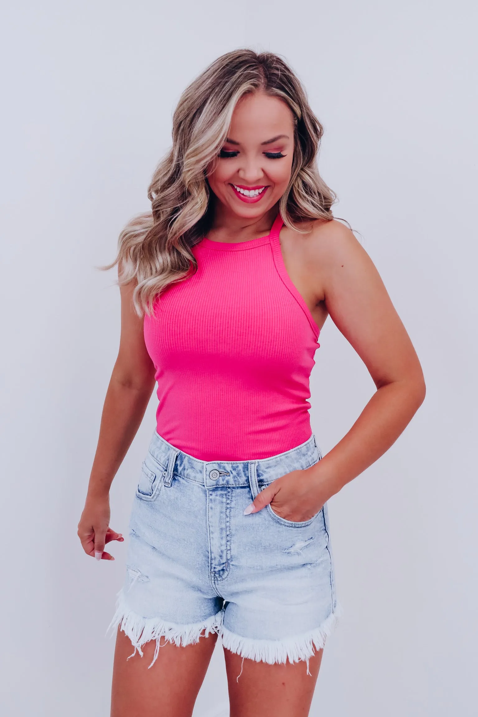 Y Back Cropped Tank Top - Pink