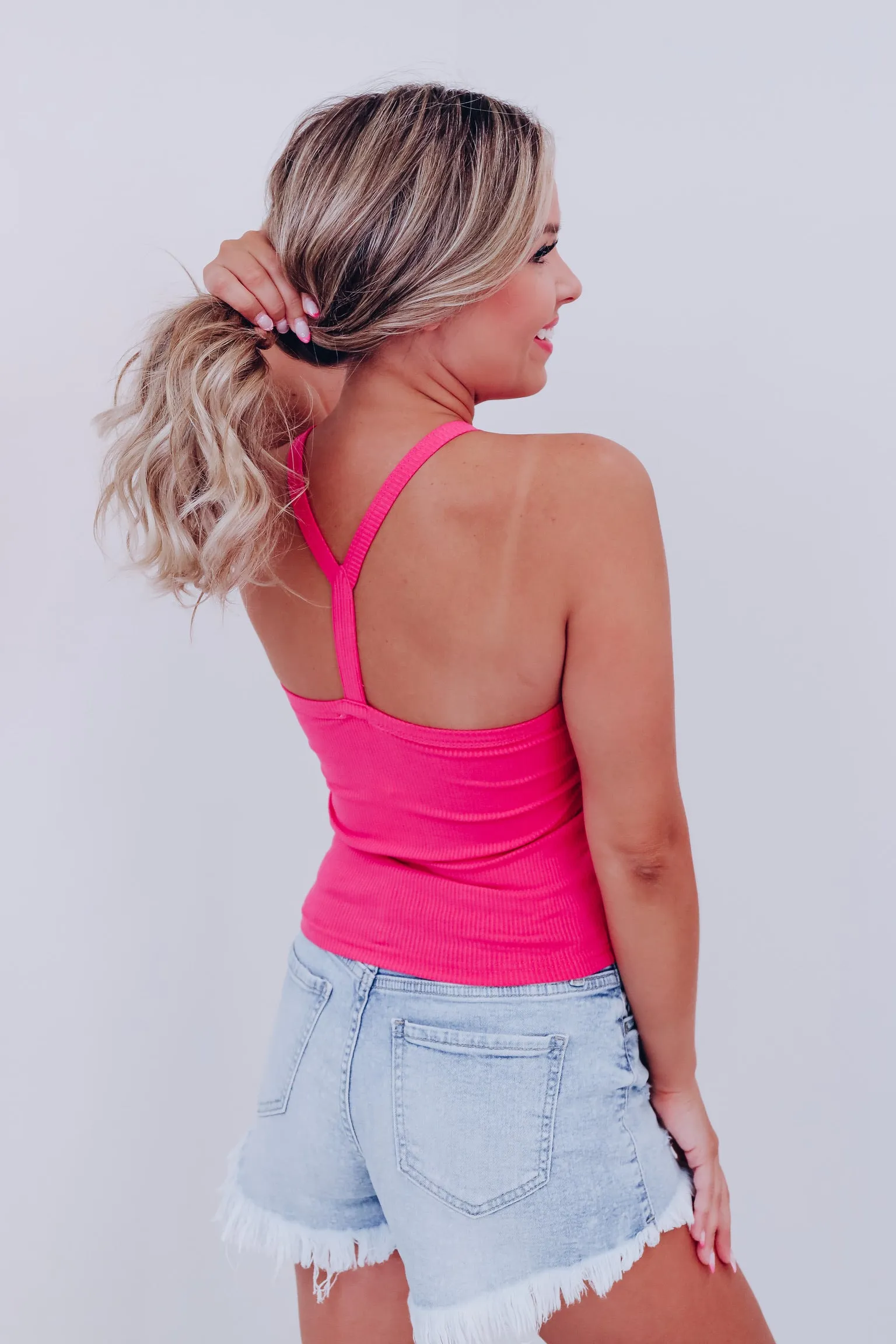 Y Back Cropped Tank Top - Pink