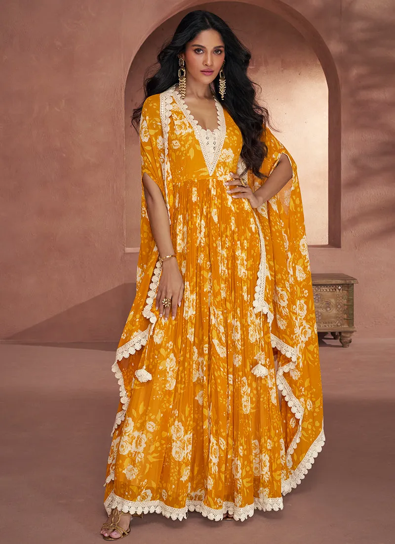 Yellow Crochet Embroidery Flared Anarkali Suit