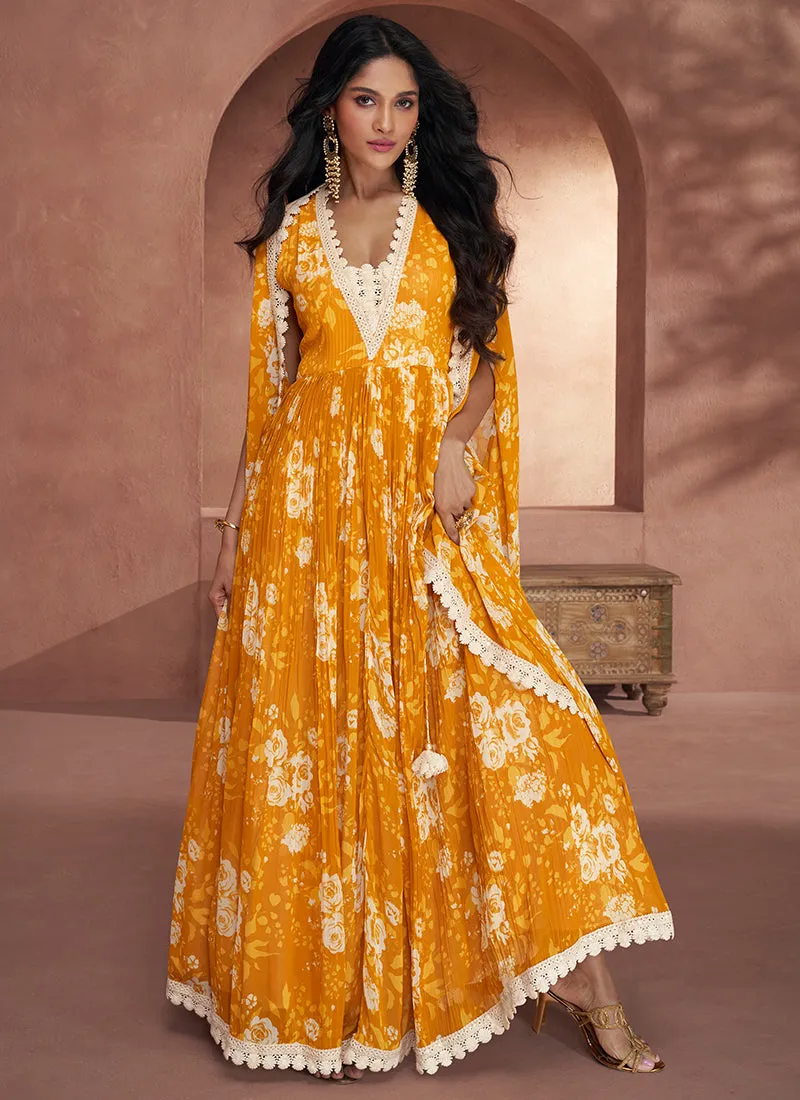 Yellow Crochet Embroidery Flared Anarkali Suit