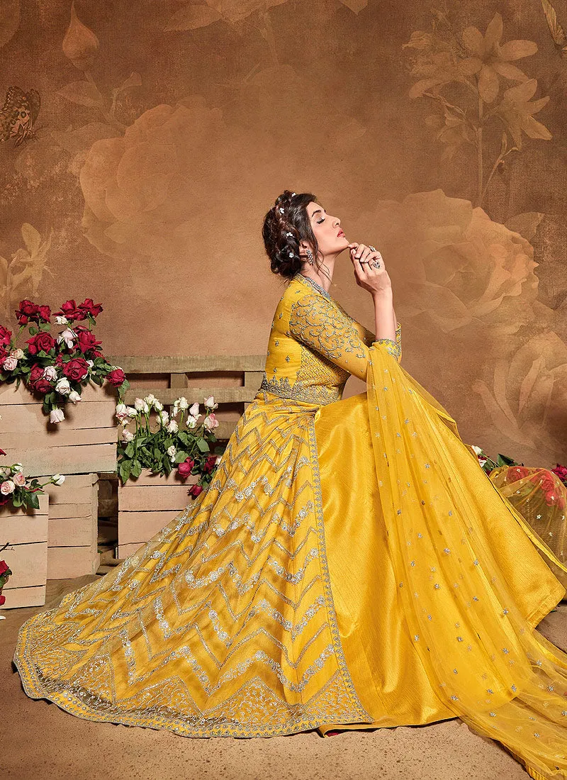 Yellow Golden Embroidered Wedding Anarkali Suit