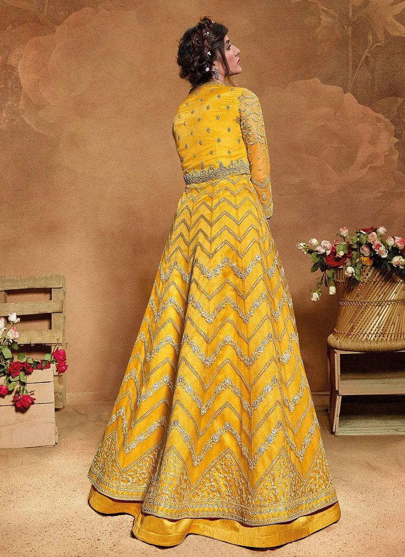 Yellow Golden Embroidered Wedding Anarkali Suit