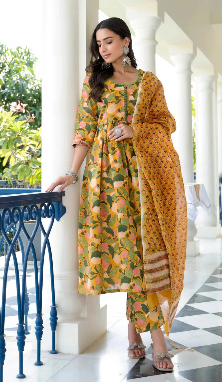 Yellow Viscose Floral Print Anarkali Suit Set with Chanderi Cotton Dupatta